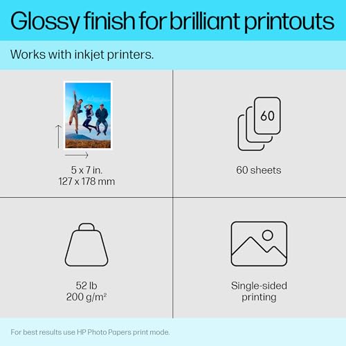 HP Everyday Photo Paper - Designed for HP Inkjet Printers, Glossy, 5x7 in, 60 sheets (CH097A)