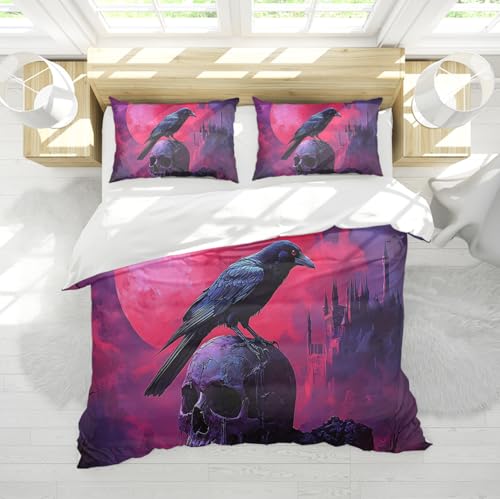 OLLIAR Home Crow Skull Bedding Set Fantasy Mysterious Castle Gothic Housse de Couette pour Adolescent Doux Respirant Housse de Couette avec 2 taie d’Oreiller 240x220cm