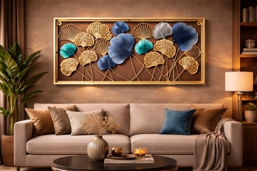 Image of F-RIQA METAL Luxury Metal Leaf Wall Art (20 x 40 Inch) - Gold & Blue Floral Wall Hanging Decor for Living Room, Bedroom & Office
