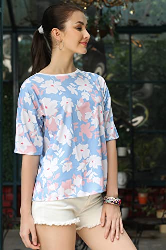 Image of Leriya Fashion Women Floral Print Top with Half Sleeves for Office Wear, Casual Wear Western Top Short Sleeve Pajama Sleep Nightshirt Scoopneck Casual Loungewear Top