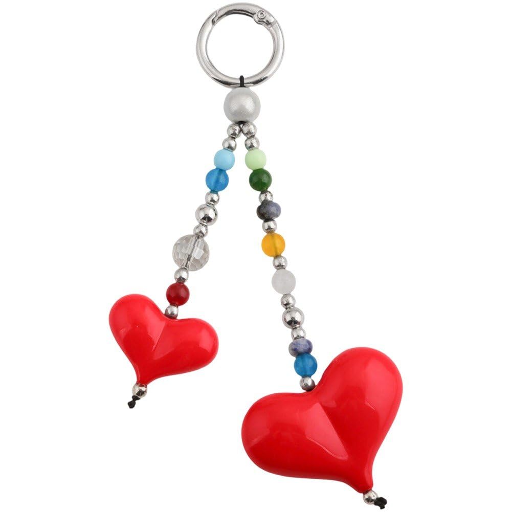 Sslvya Beaded Chain Heart Keychain for Women Red Heart Bag Charms Keychains Pendant Key Chain Ring for Purse Handbags Backpacks