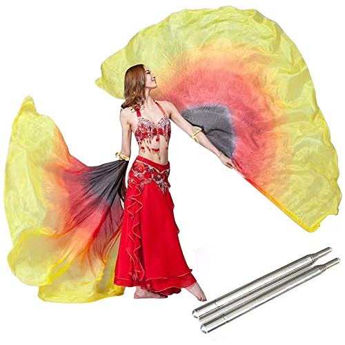 Frauen Echte Seide Bauchtanz Seide ISIS Flügel mit Teleskopstab für Halloween Halbkreis Tanzflügel, Schwarz Rot Gelb, Einheitsgröße Cover