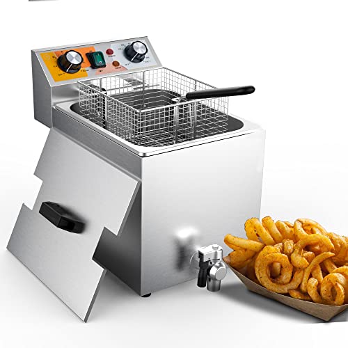 14 Qt. Electric Countertop Commercial Deep Fryer with 6.8 Qt. Basket, for Restaurant and Home – 120V, 1700W, Stainless Steel Build