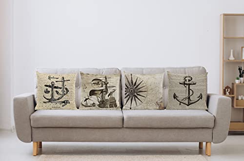 Vintage Summer Ocean Themed Nautical Sailboat Anchor Compass 18''X18'' Set Of 4 Throw Pillow Case Decorative Home Bedroom Living Room Cushion Cover,Coastal House Sofa Bed Couch Decor,Sea Lover Gifts #TOP1