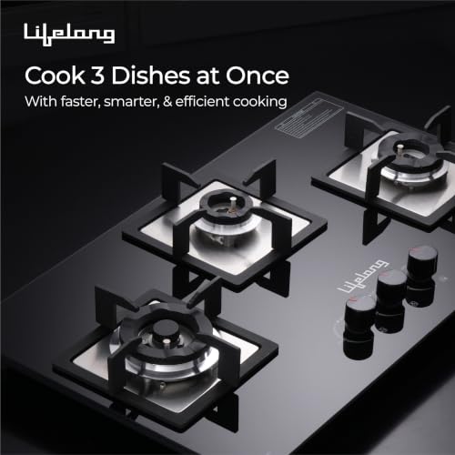 Image of Lifelong 3 Burner Hob | 8mm Thick Toughened Glass | Highly Efficient Auto Ignition Tabletop Gas Stove & Wok Burner | 360 Multidirectional Gas Inlet | Spill-Proof & Easy Clean Surface (Black)