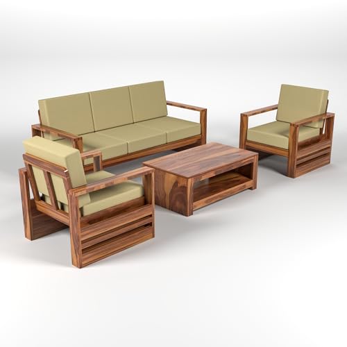 Image of Solid Sheesham Wood 5 Seater Sofa Set (3+1+1) - Elegant Wooden Sofa Set for Living Room Home Decor (Design 7)