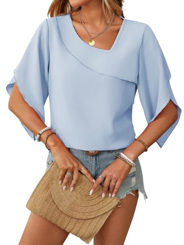 LEKOPUR Blau Damenblusen Chiffon 3/4 Arm -...