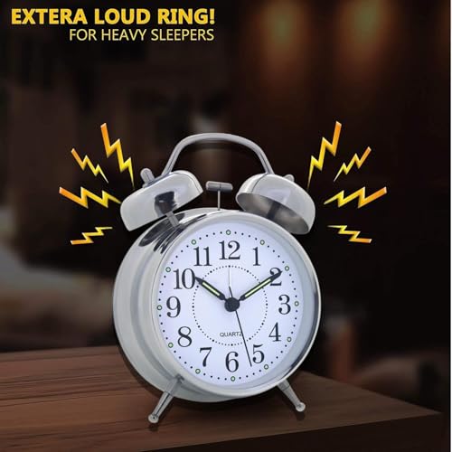 Image of Silver Twin Bell Table Clock, Metal Frame Alarm Clock with Night Backlight, Silent Movement, High Volume for Heavy Sleeper Alarm for Home,Office,Bedroom,Living Room(1-pcs)