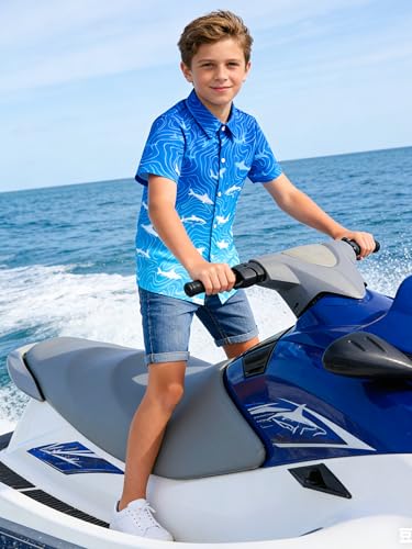 Image of uideazone Boys Button Up Shirts for Teens Size 13-14 Gradient Blue Shark Shirts Kids Aloha Holiday Casual Blouse for Beach Play Rafting Surfing Wading Sandcastle Building