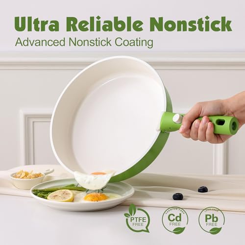 Image of SENSARTE 17 Piece Ceramic Pots and Pans Set, Nonstick Detachable Handle Cookware, Induction Kitchen Cookware Set with Removable Handle, Dishwasher & Oven Safe (Green)