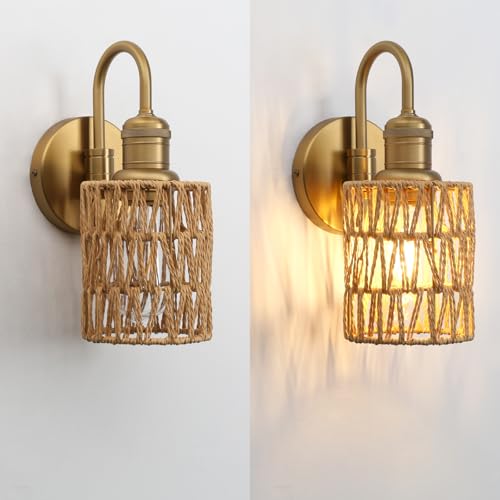 Image of Vintage Gooseneck Sconces Wall Decor Set of 2 with Rattan Shade, Boho Wall Sconces Set of Two Hardwired Wall Lamp Fixture for Living Room Bedroom Bedside Hallway