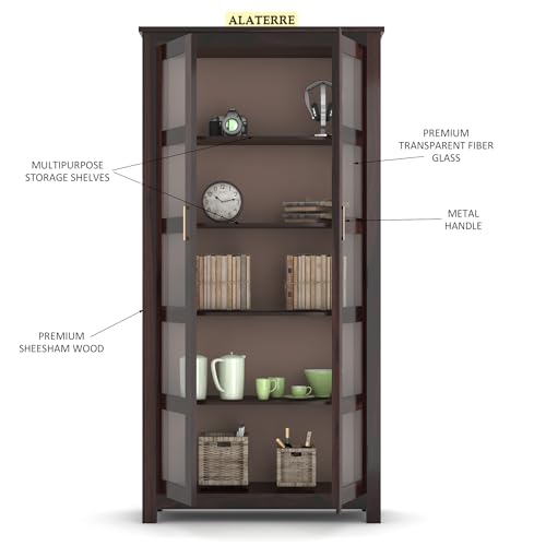 Image of Solid Sheesham Wood Book Cabinet | Tall Wooden Display Unit with 2 Glass Doors & 5 Shelves | Multipurpose Storage Organizer for Living Room & Study | Walnut Finish
