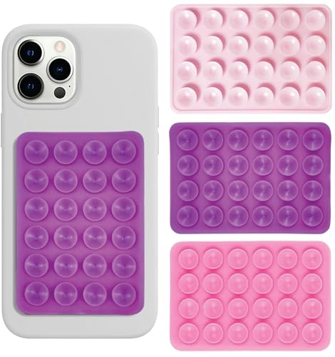 Image of THYNOX Phone Holder Suction Phone Case (Pack of 3) Anti-Slip Silicone Back Cover, Multipurpose Hands-Free Sticky Pads for Phone Adhesive Mount for Selfies Videos Mirror (Light Pink, Purple, Pink)
