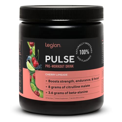 Legion Pulse Pre Workout Supplement - All Natural Nitric Oxide Preworkout Drink to Boost Energy, Creatine Free, Naturally Sweetened, Beta Alanine, Citrulline, Alpha GPC (Cherry Limeade) 20 Servings