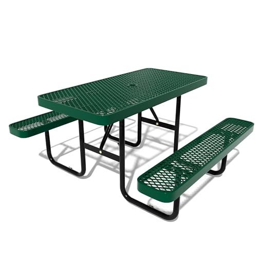 48'' Rectangular Steel Picnic Table for Outdoors,Commercial Metal Picnic Table Bench Set with Umbrella Hole,School Canteen Table W/Seats - Heavy Duty Sturdy Picnic Tables Furniture for Patio Garden