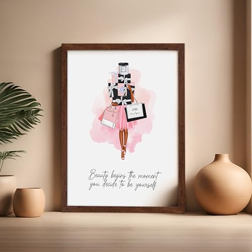 Image of Poster Master Lady with Shopping Bags Poster - Fashion Print - Trendy Art - Modern Art - Gift for Women & Fashionista - Luxury Haute Couture Decor for Bedroom or Girl's Room, 16x20 Brown Framed
