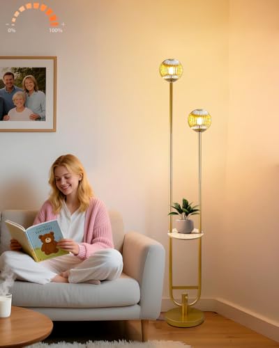 Image of Lightdot Glass Floor Lamp with Tray Mid Century Modern Standing Lamps 3000K Warm White Bulbs Included Gold Dimmable Globe Floor Lamp with 5Lbs Heavy Base for Living Room /Wedding /Party / /Sofa Beside