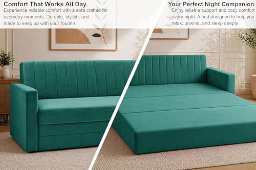Image of Modern Velvet 3-Seater Sofa Cum Bed with Armrest, Convertible Sleeper Couch Sofa for Living Room, Bedroom & Office-Green Color