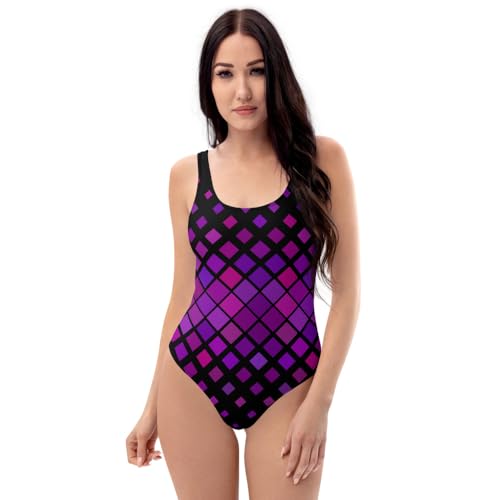Maillot de bain une pièce noir à motifs violets et encolure dégagée pour femme
