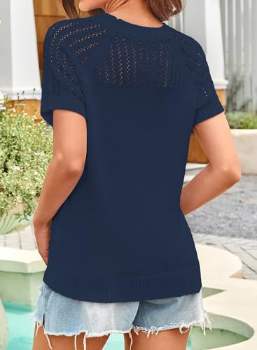 Womens Summer Short Sleeve Sweaters Lightweight Sweater Knit Tops Shirts Solid Hollow Out Blouses 20254