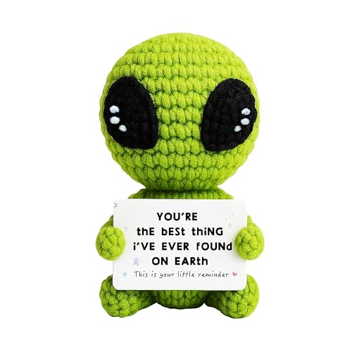 KEKEMEOW 3.5 inch Positive Alien Handmade Knitted Wool Doll with Positive Card Inspiring Gifts for Cheer Up Emotional Support Encouragement Friends Birthday Gifts