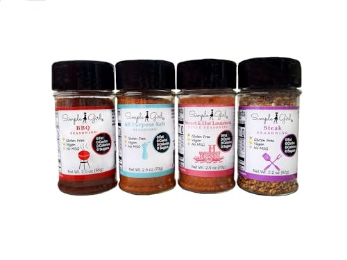 Simple Girl Gourmet Seasoning 4-pack Set – BBQ, All Purpose, Sweet & Hot Louisiana, and Steak Seasonings – Sugar Free – Vegan and Diabetic Friendly – Carb Free – Gluten Free – MSG Free Simple Girl Gourmet Seasoning 4-pack Set – BBQ, All Purpose, Sweet & Hot Louisiana, and Steak Seasonings – Sugar Free – Vegan and Diabetic Friendly – Carb Free – Gluten Free – MSG Free