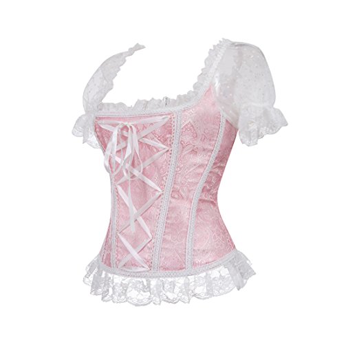 Women's Princess Renaissance Corset Lace Ruched Sleeves Elegant Overbust Top X-Large Pink #TOP2