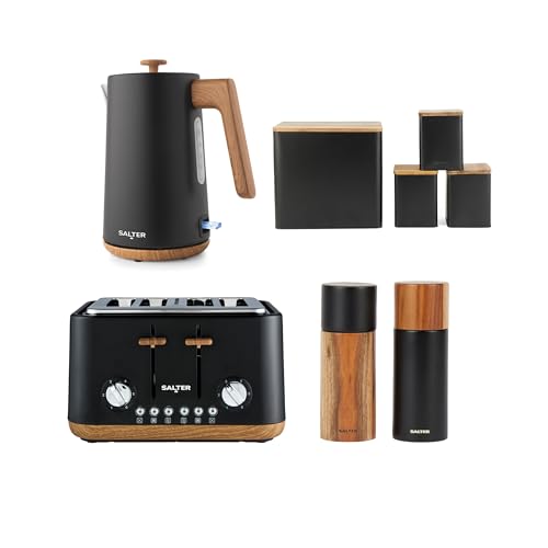 Salter Toronto 8-Piece Kitchen Counter Set – 1.7L Rapid Boil Kettle, 4-Slice Toaster, Tea, Coffee, & Sugar Storage Canisters, Large Bread Bin, Salt & Pepper Mill Set, Black/Wooden Accents