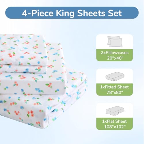 Image of MUXHOMO King Size 4 Piece Sheet Set, Soft & Breathable Sheet for Bedroom with Deep Pocket Up to 16 inch, Wrinkle-Free & Cooling Bed Sheets with Flat Sheet, Fitted Sheet & Pillowcases - Bicolor Floral