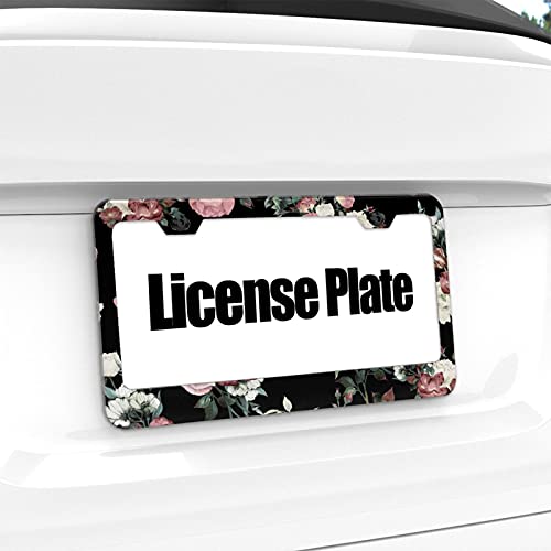 Funnylpopoiamef Vintage Pink And Cream Dark Floral License Plate Frame Vintage Flowers Stainless Steel, Car Tag Cover,License Plate Frame For Women, License Plate Covers For Us Vehicles Standard #TOP3
