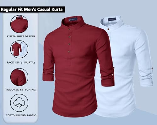 Image of Zombom Men's Combo Cotton Polyester Blend Solid Full Sleeve Straight Regular Fit Mandarin /Chinese Collor Kurta (Pack of 2)