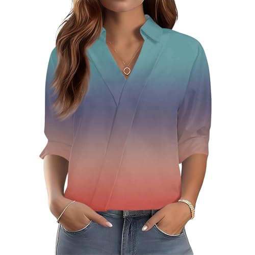 3/4 Length Sleeve Womens Tops Lapel V Neck Pullover Solid Tops Business Work Outfits Loose Blouses Casual Tees（4-Multicolor,X-Large）