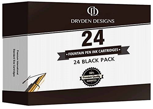 Dryden Designs Fountain Pen Ink Cartridges - Set of 24 Black Ink CARTRIDGES - Short International Standard Size - Disposable and Generic Ink Refill Cartridges - Perfect for Calligraphy