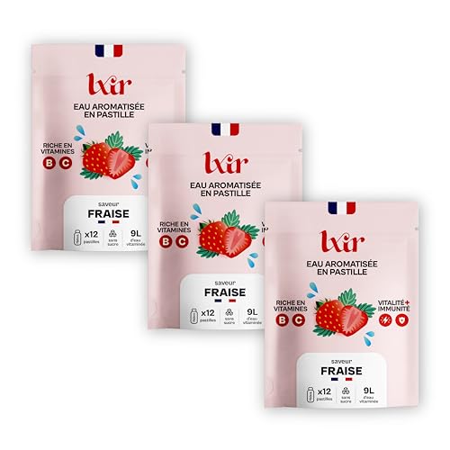 LXIR DRINK - Eau aromatisée en pastille sans sucre - Boisson multivitamines - Riche en vitamines C et B - Hydratation quotidienne - Beauté de la peau - Fraise