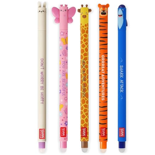 LEGAMI Set mit 5 radierbaren Gelstiften mit thermoempfindlicher Radiertinte verschiedene Tintenfarben und Schaftdesigns 0 7 mm Spitze Hase Tiger Giraffe Schmetterling und Hai