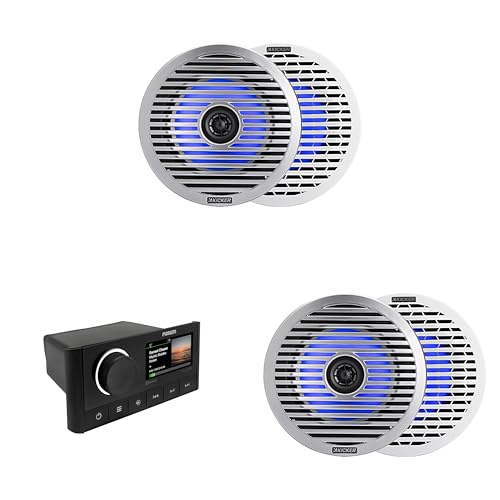 Kicker (2 Pair) 51KM614FL 6.5-Inch (165mm) Thin-Mount Marine Coaxial Speakers with RGB LED, 4-Ohm, White & Silver Grilles Included, Bundled with MS-RA670 Apollo Marine Receiver