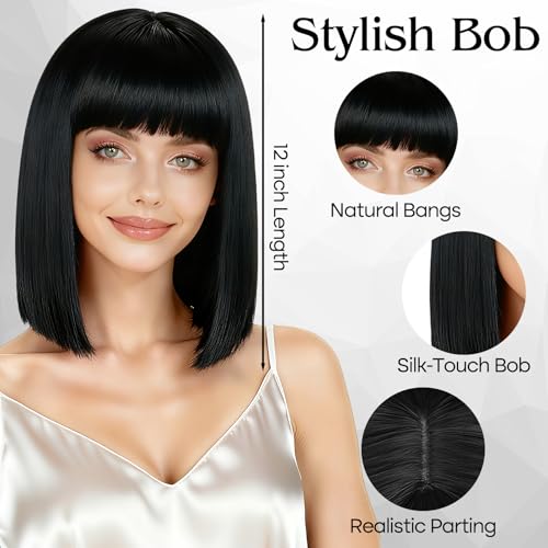 Image of PLULON Black Bob Wig with Bangs, Short Straight Bob Wig with Heart Sunglasses 12 Inch Shoulder Length Heat Resistant Synthetic Hair Cap for Women Natural Look Daily Use Cosplay Halloween Costume Party