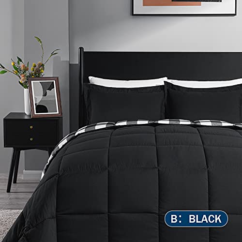 Image of downluxe Lightweight Plaid Comforter Set (Queen) with 2 Pillow Shams - 3-Piece Set - Black /White Plaid - Down Alternative Reversible Comforter