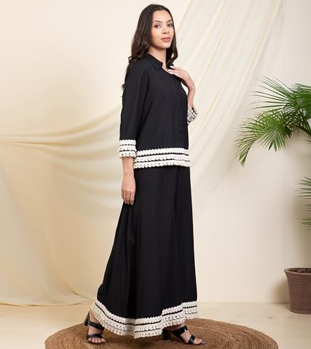 Image of DEEBACO Women's Solid Summer Cool Ankle Length Shirt with Palazzo|Shirt Collar|Cord Set for Women Fashion|Long Jumpsuits Western Dress for Women Stylish|Two Piece Co ord Set|Party Casual Wear(Black)