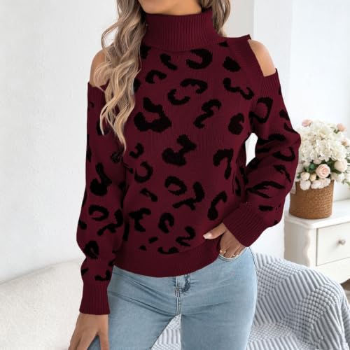 Women's Leopard Print Turtleneck Long Sleeve Cold Shoulder Knit Sweater - image 5