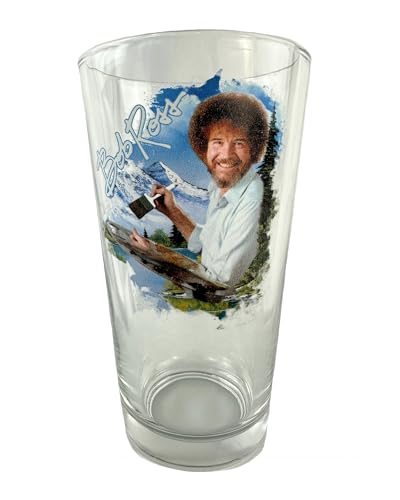 Surreal Entertainment Bob Ross Snowy Mountains Pine Trees and River Painting 16oz Pint Drinking Glass