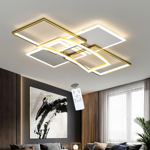 LIUYU 99W Lámpara De Techo Moderna, Regulable Plafón LED Techo, 3000K-6500K Lámpara LED de Techo Para Salón Con mando a distancia, Lamparas de techo Aluminio, Oro + Blanco, L110 * W 80 cm(A-5-Rectangu