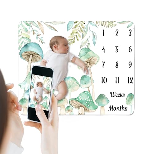 Image of Mushroom Theme Baby Monthly Milestone Blanket, Soft Flannel Watercolor Spring Tropical Eucalyptus Leaves Botanical Photography Prop Newborn Baby Shower Age Growth Tracker (Green, 60x40in)