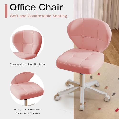 Image of Small Office Chair with Lumbar Support, PU Leather Armless Swivel Desk Chair Adjustable Height, Compact Rolling Chair for Home Office, Bedroom, Study (Pink)