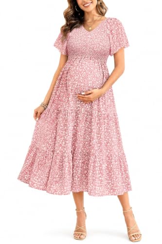 Image of Pinup Fashion Maternity Summer Dress Baby Shower Easter Pregnancy A-Line | Smocked V-neck, flutter sleeves, breathable floral fabric, bump friendly, perfect for photoshoot, spring casual,postpartum