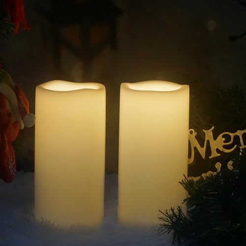 Image of CANDLE CHOICE Large Waterproof Outdoor Battery Operated Flameless Candles Remote Timer Big Ivory Plastic Bright Flickering Electric LED Pillars Lantern Patio Garden Wedding Decoration 4 inch(D)x8 inch(H) 2PCS