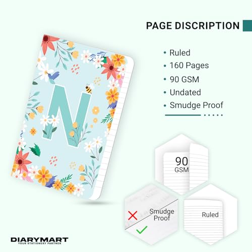 Image of Initial N Premium Soft Bound Notebook Diary for Girls and Women (B6, 90 GSM, 160 Ruled Pages) Floral Design Notebook Journal Diary