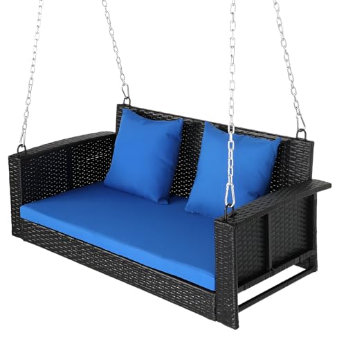 Image of Patio Outdoor Double Seater Swing Chair Without Stand for Balcony, Garden | Weather Resistant Rattan & Wicker Hammock Jhula for Adults | Outdoor Sofa Swing (Black and Blue)