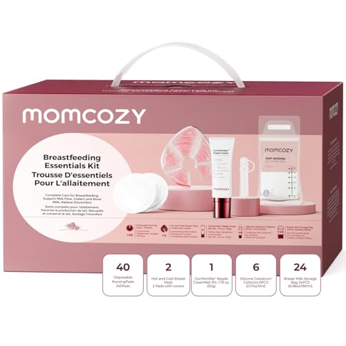 Momcozy 73pc Postpartum Essentials Kit Initiate breastfeeding for New Moms Hospital Bag Must Haves with Nursing Pads Hot & Cold Breast Pads Nipple Cream Colostrum Collectors and Milk Storage Bags