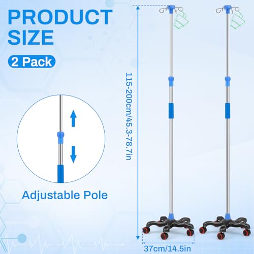 TrelaCo 2 Pack Rolling IV Pole Stand Rack Stainless Steel IV Supplies with 4 Hook 2 Nets to Hold IV Bags, Adjustable Height from 45 to 78 Inches for Hospital Clinic Home(5 Legs Style) - Thumbnail 3